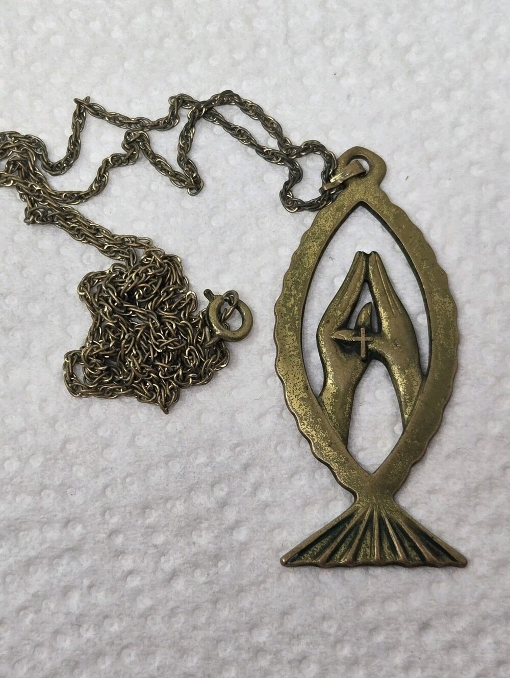 Vintage Gold Tone Jesus Fish Cross Pendant Necklace Men's Anson 1975 Patina